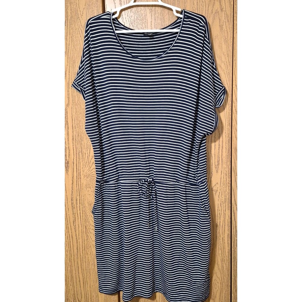 Hilary Radley Navy & White Striped Short Sleeve Stretchy Dress Waist Tie Sz XXL
